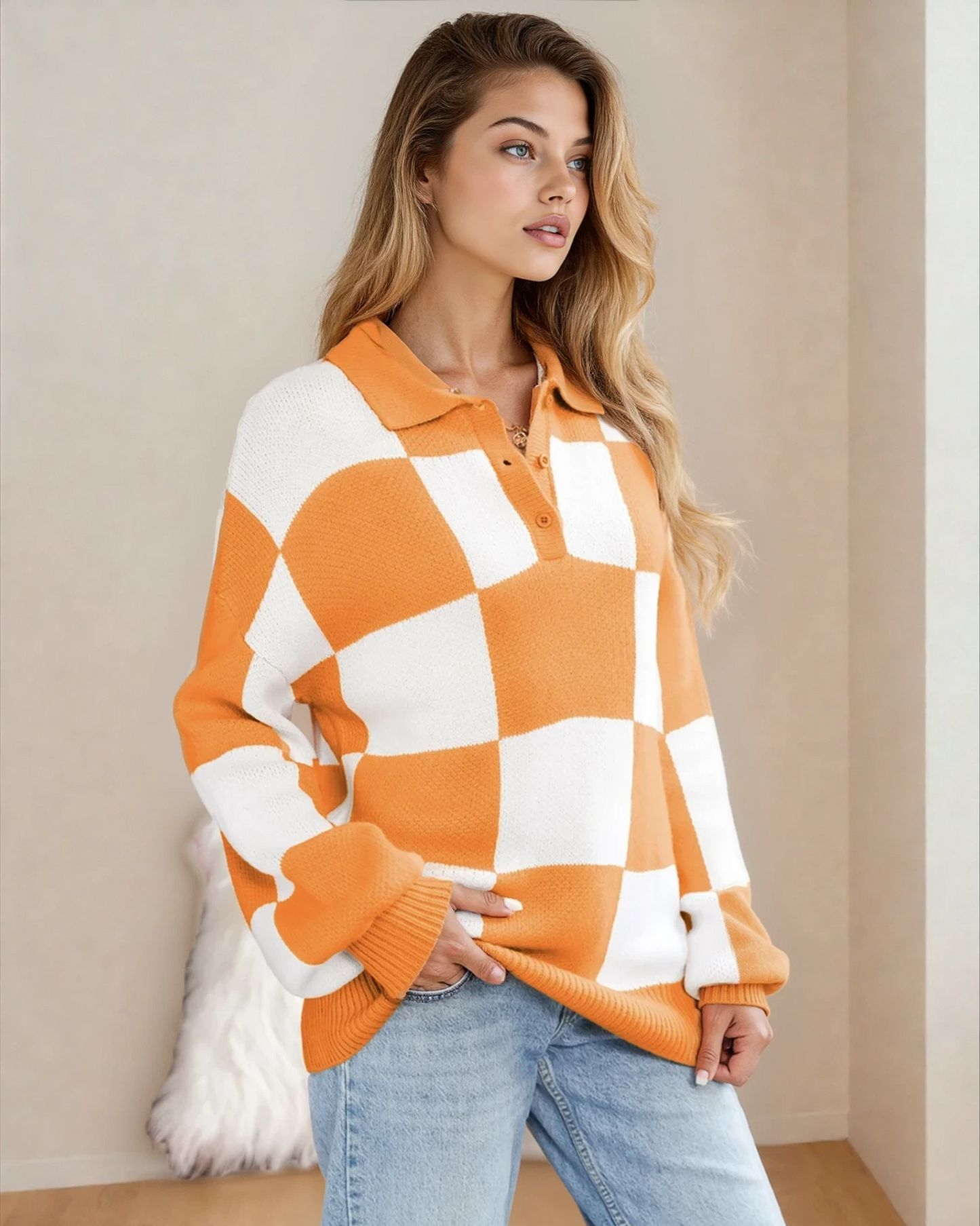 V Neck Checkered Sweater - Tangerine