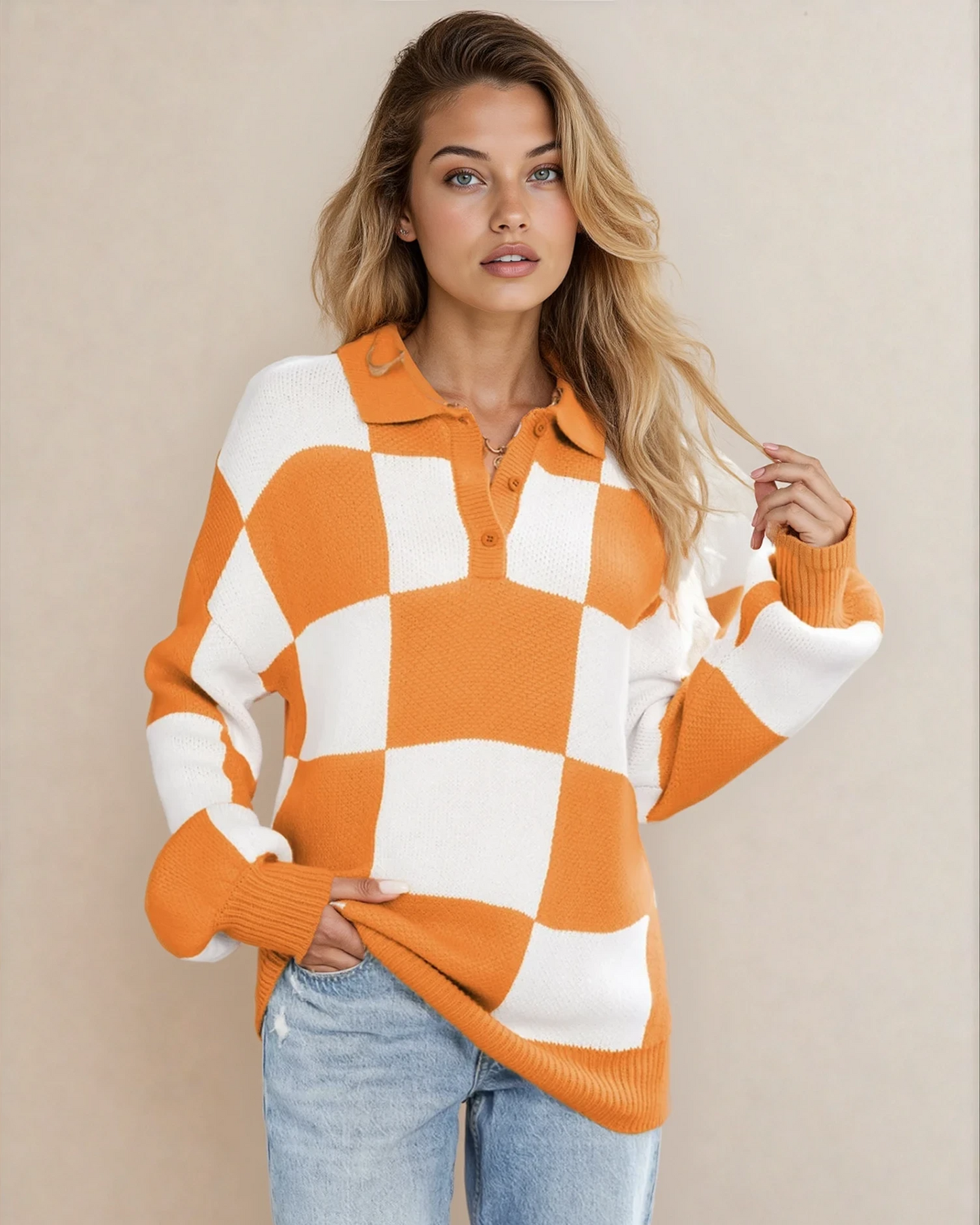 V Neck Checkered Sweater - Tangerine