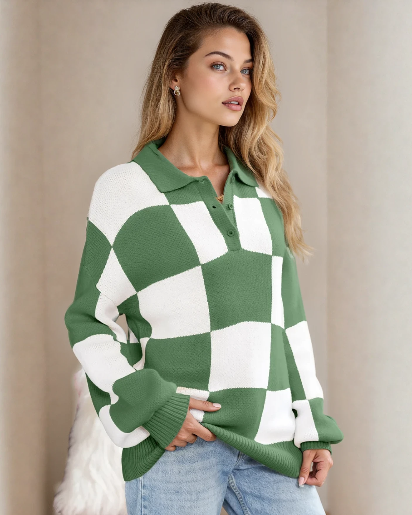 V Neck Checkered Sweater - Green