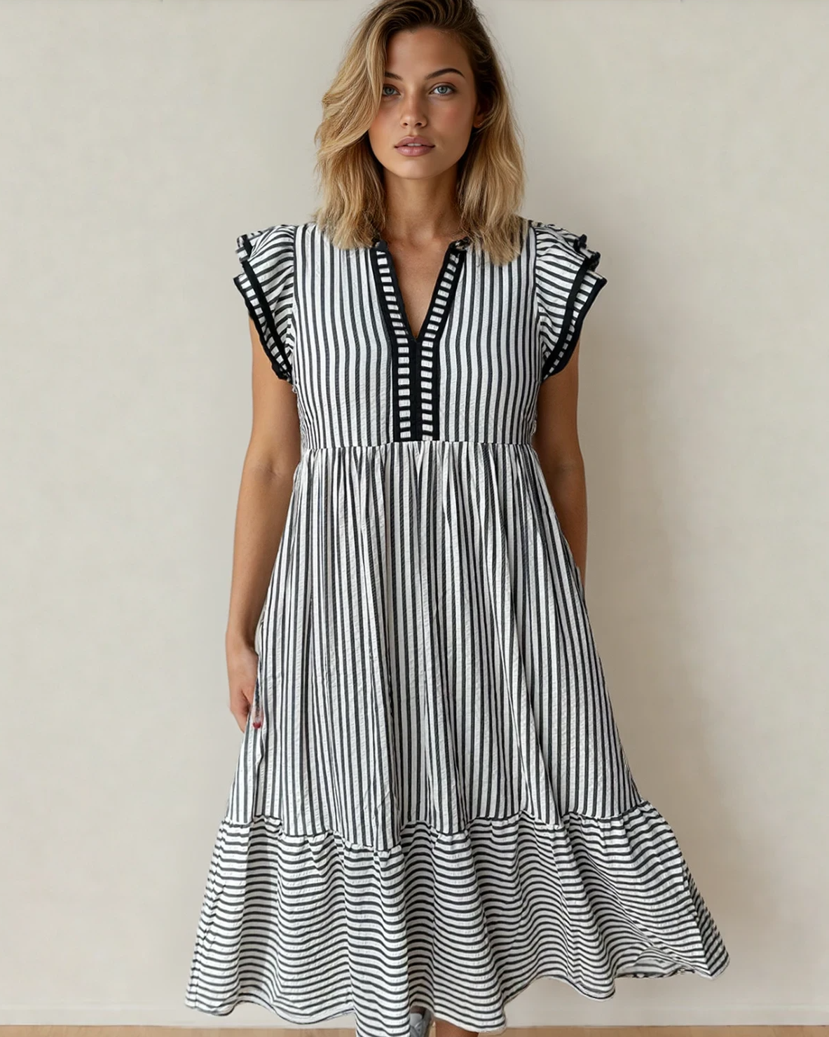 Nyla Double Ruffled Short Sleeve Contrast Trim V Neck Midi Dress - Black
