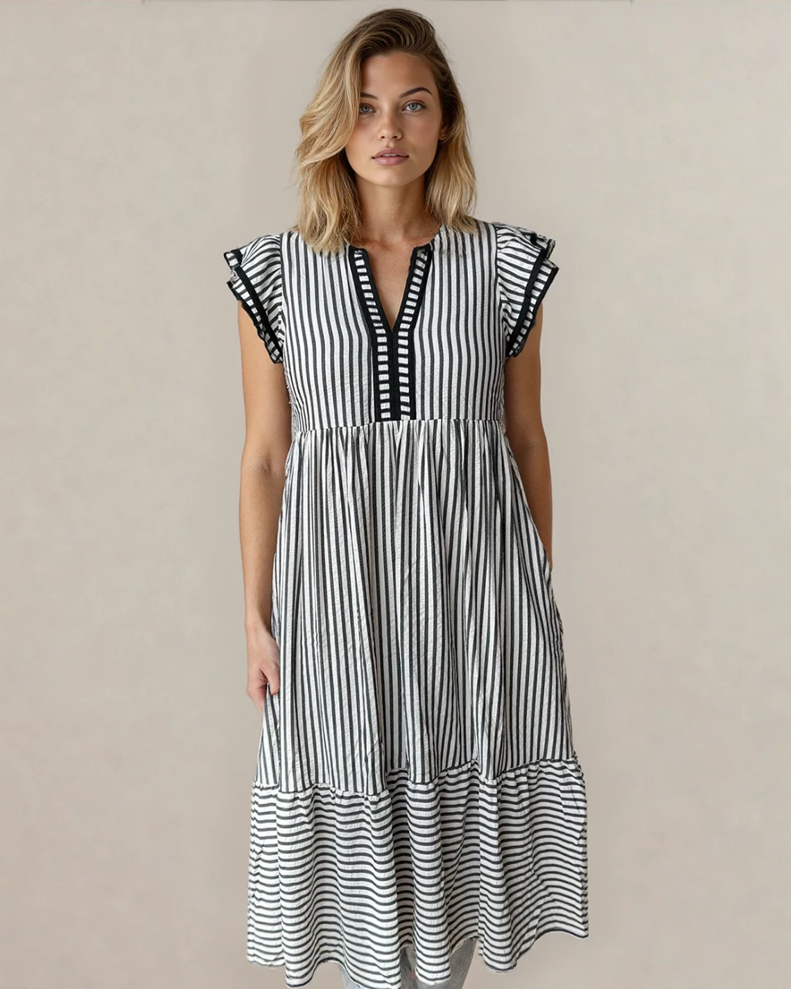 Nyla Double Ruffled Short Sleeve Contrast Trim V Neck Midi Dress - Black