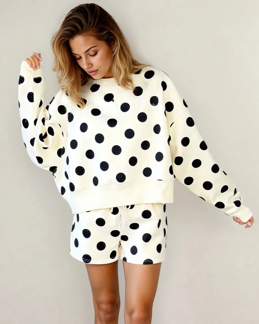 Kaylee Polka Dot Print Pullover Shorts Set - Cream
