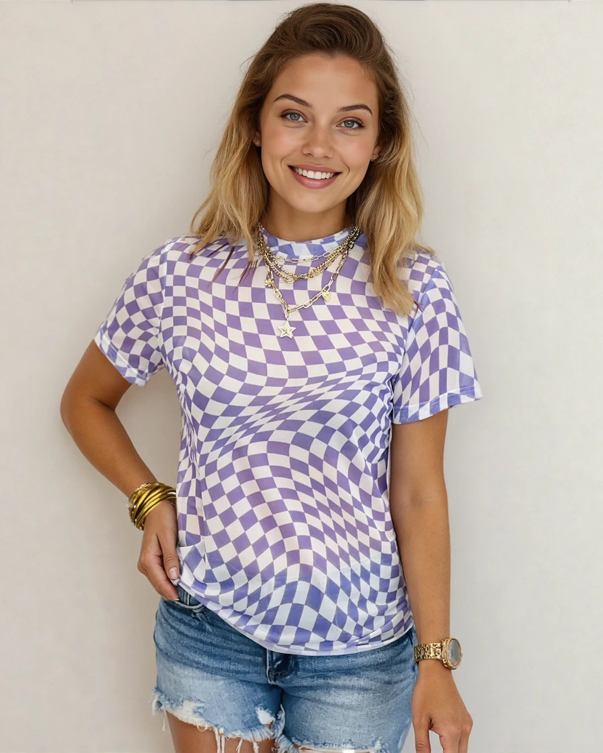 Short Sleeve Checkered Mesh Crew T Shirt - Purple