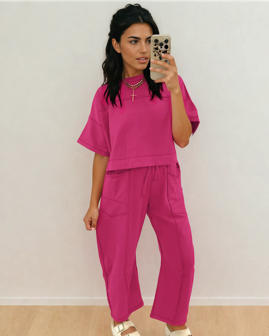 Drop Shoulder Boxy Tee and Barrel Pants Set - Rose Red