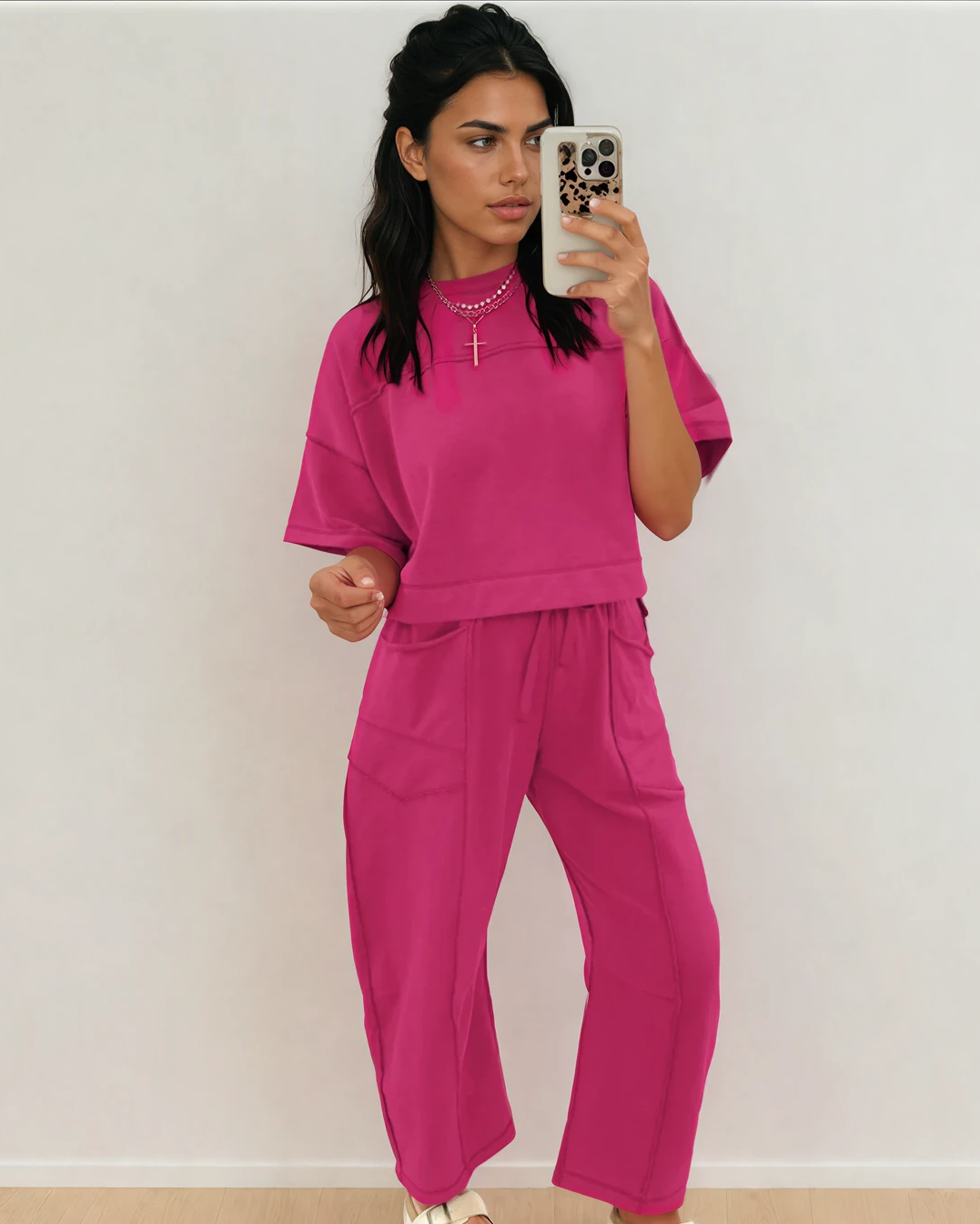 Drop Shoulder Boxy Tee and Barrel Pants Set - Rose Red