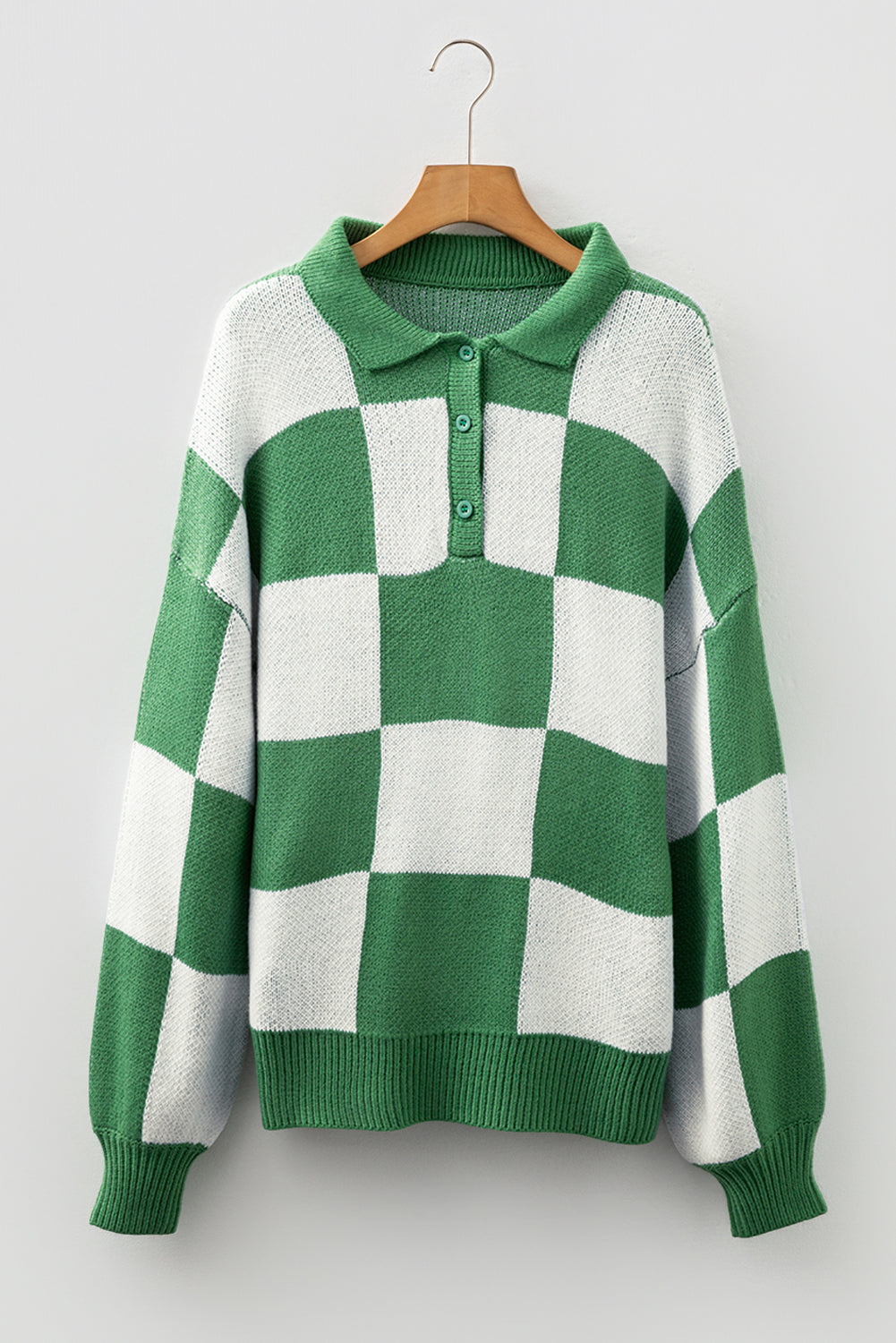 V Neck Checkered Sweater - Green