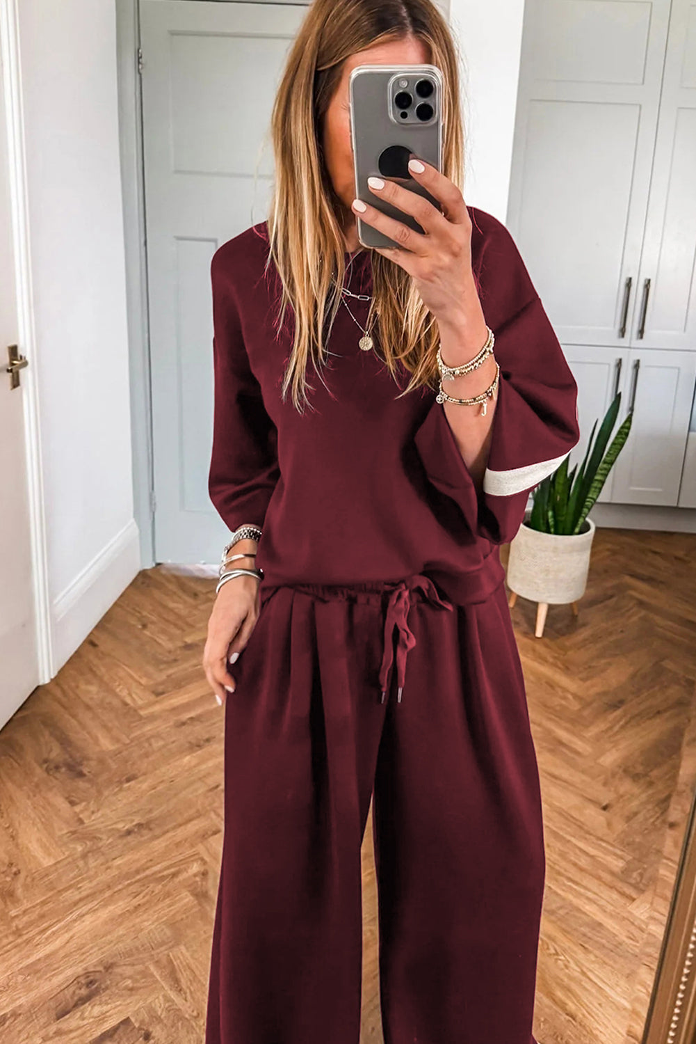 Phoebe Varsity Striped 3/4 Sleeve Pullover Drawstring Sweatpants Set