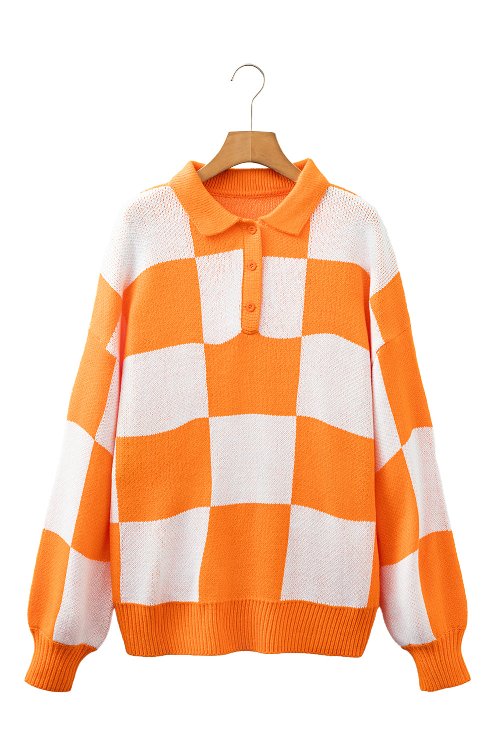 V Neck Checkered Sweater - Tangerine