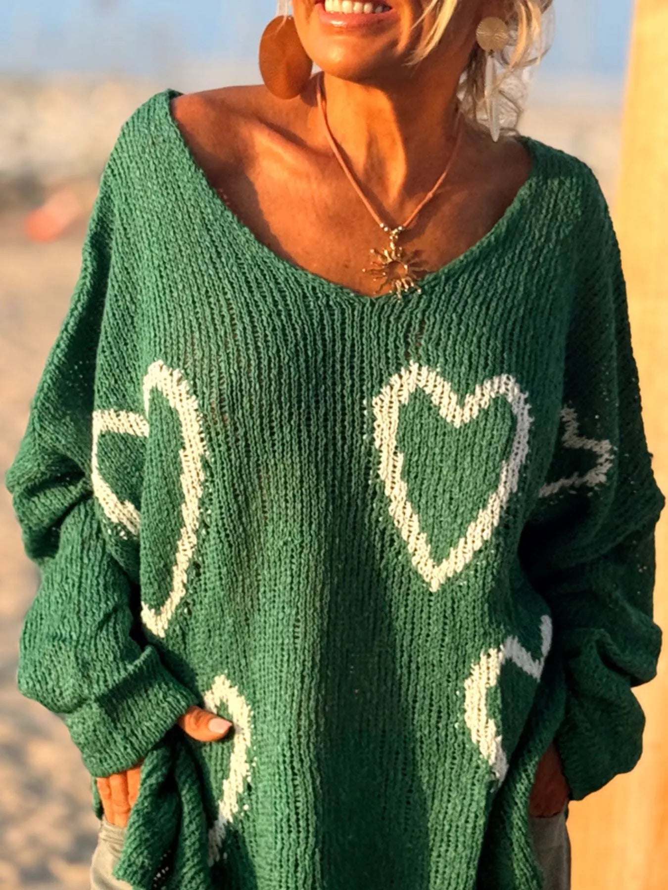 Heart V-Neck Dropped Shoulder Sweater