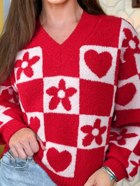 Floral Heart Checkered V-Neck Sweater