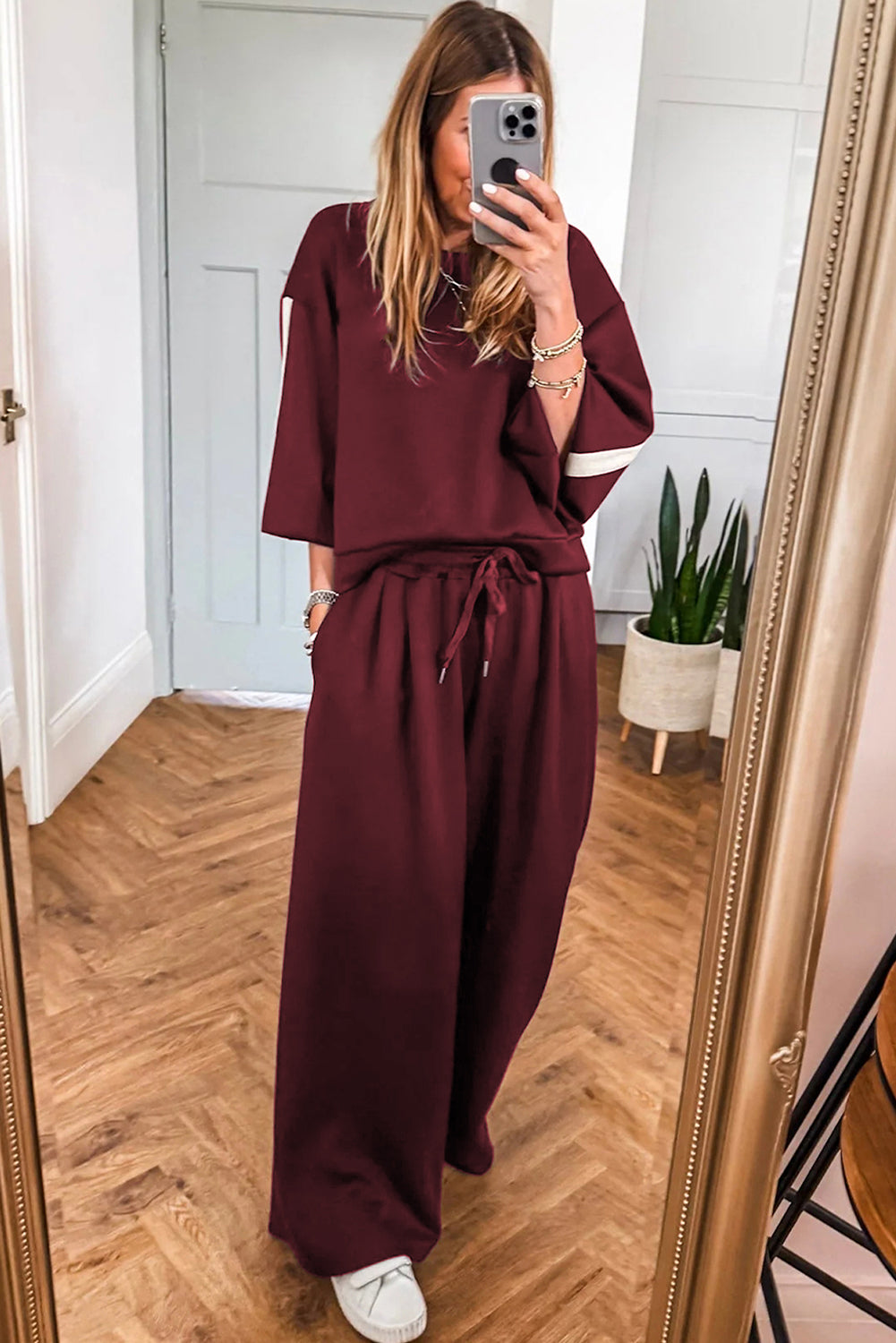 Phoebe Varsity Striped 3/4 Sleeve Pullover Drawstring Sweatpants Set