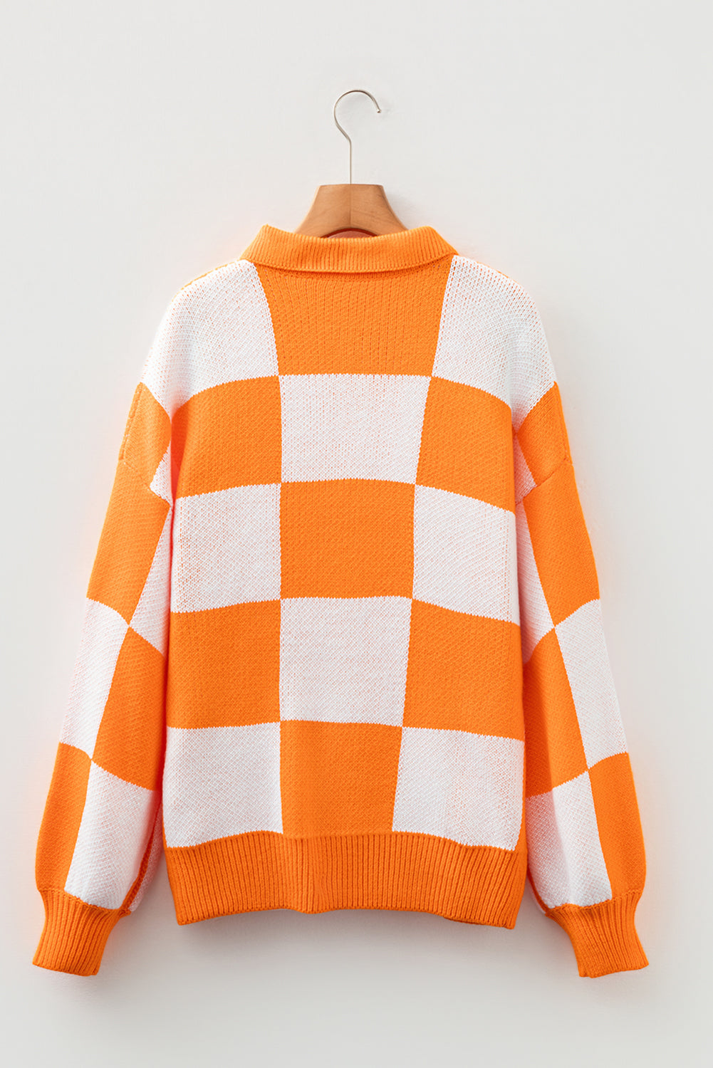 V Neck Checkered Sweater - Tangerine